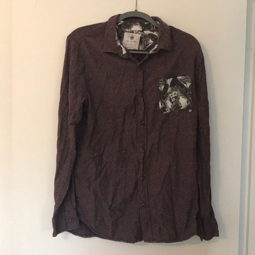 Maroon button down, leaf print pocket